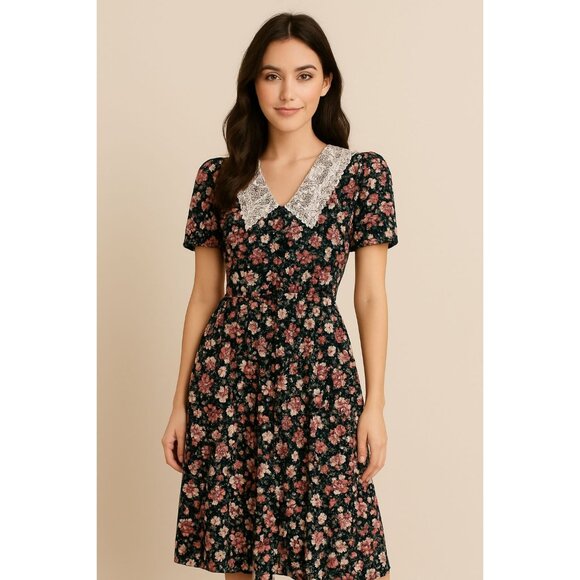VTG Cottage Karin Stevens Lace collar Floral Button Front Dress, Women's Size 8 - Picture 1 of 12